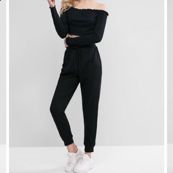 off the shoulder long sleeve, drawstring joggers - Picture 1 of 2